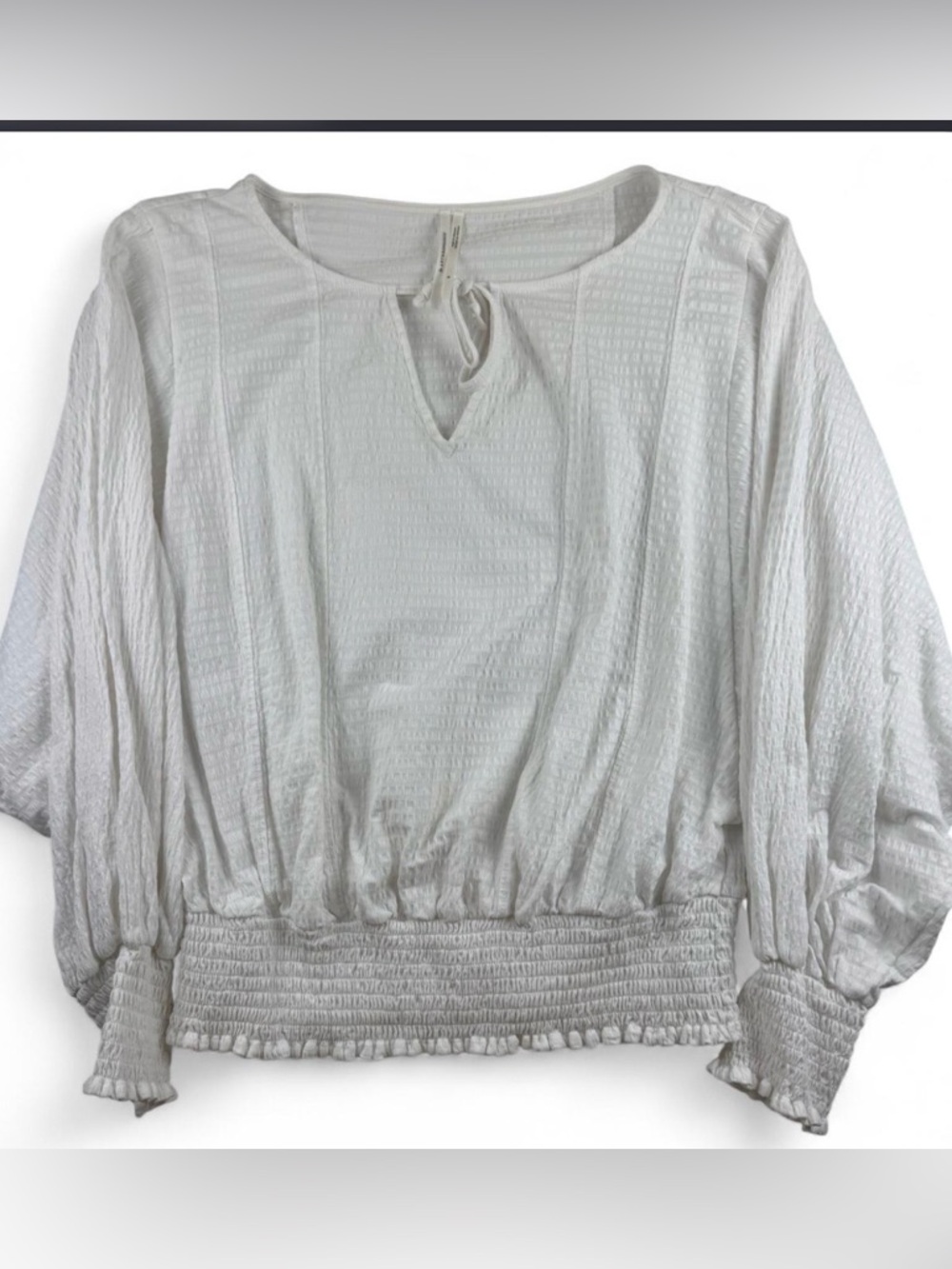 Anthropologie White Textured Peasant Top with Smocked Waist